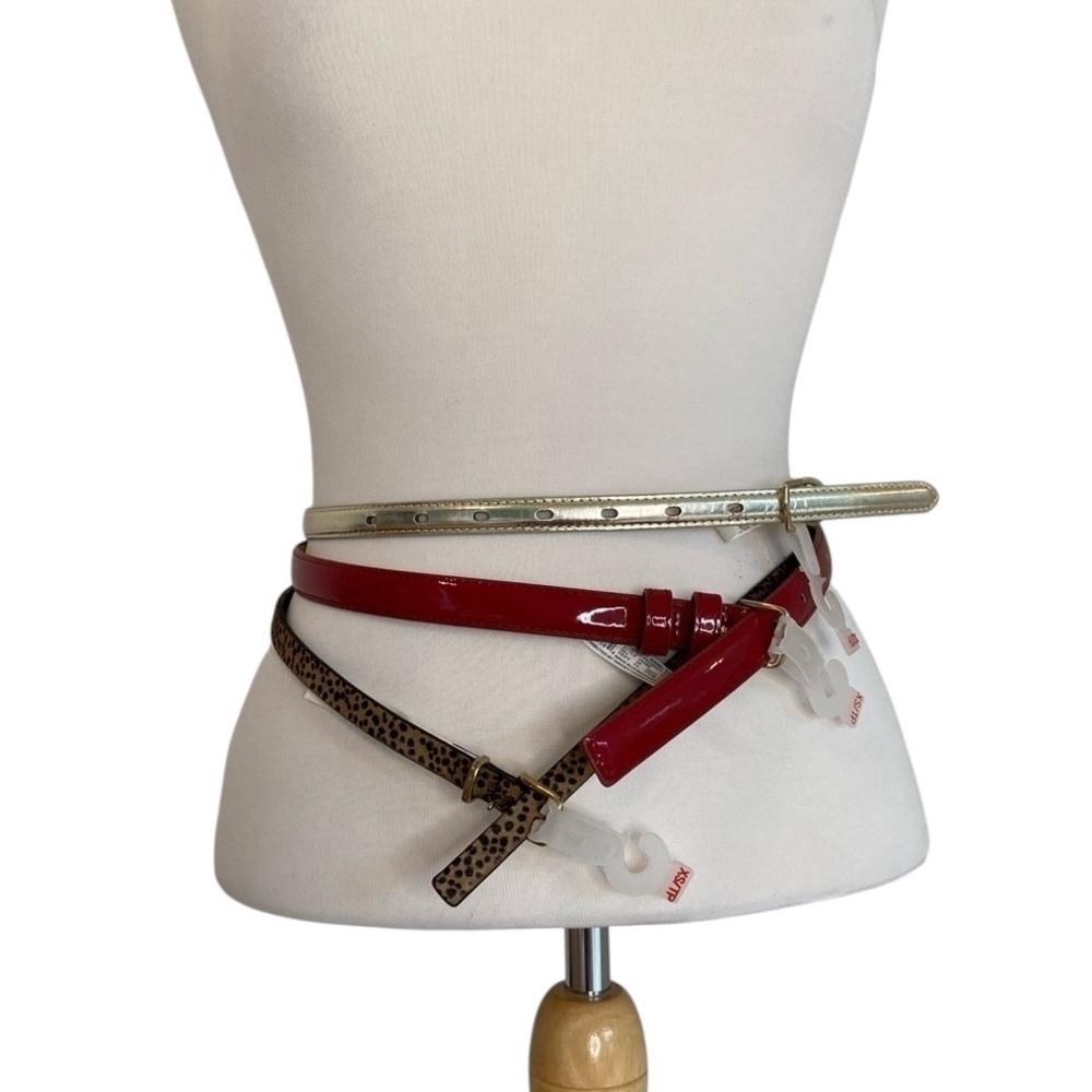 NWT 3 leather belts leopard red gold thin feminine X-Small